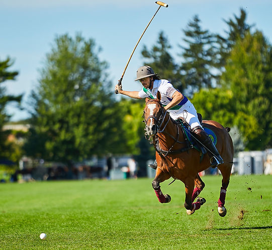 A man on a horse hits the ball with a stick