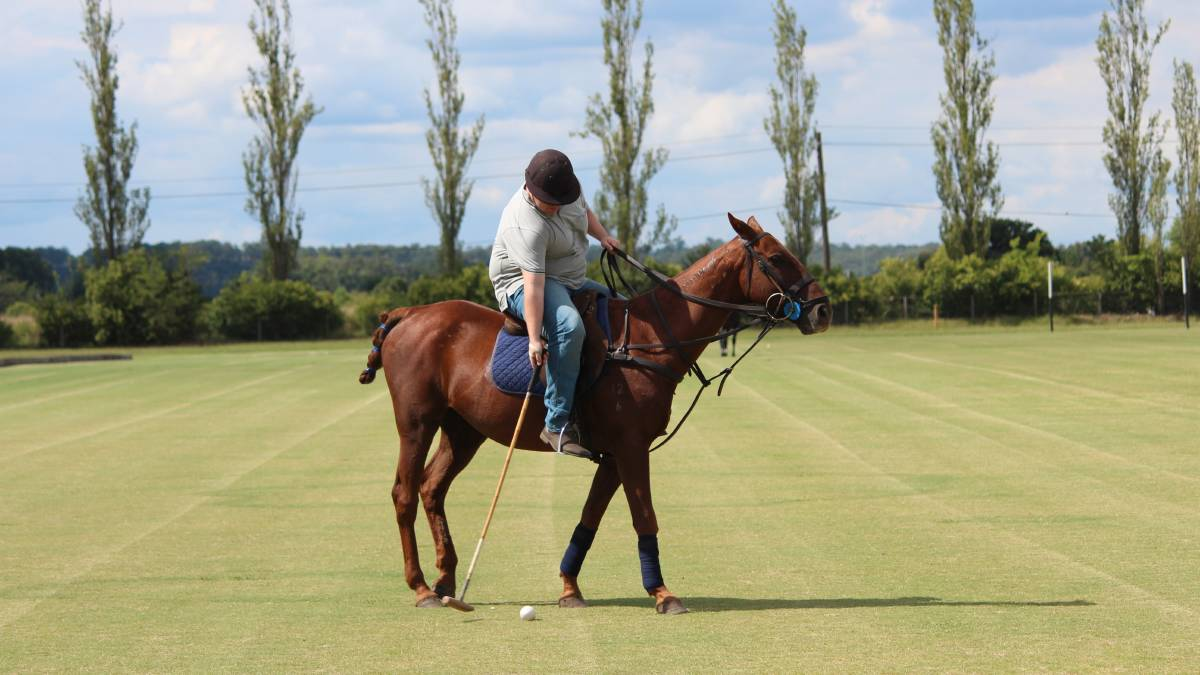 A man on a horse tries to hit the ball with a stick